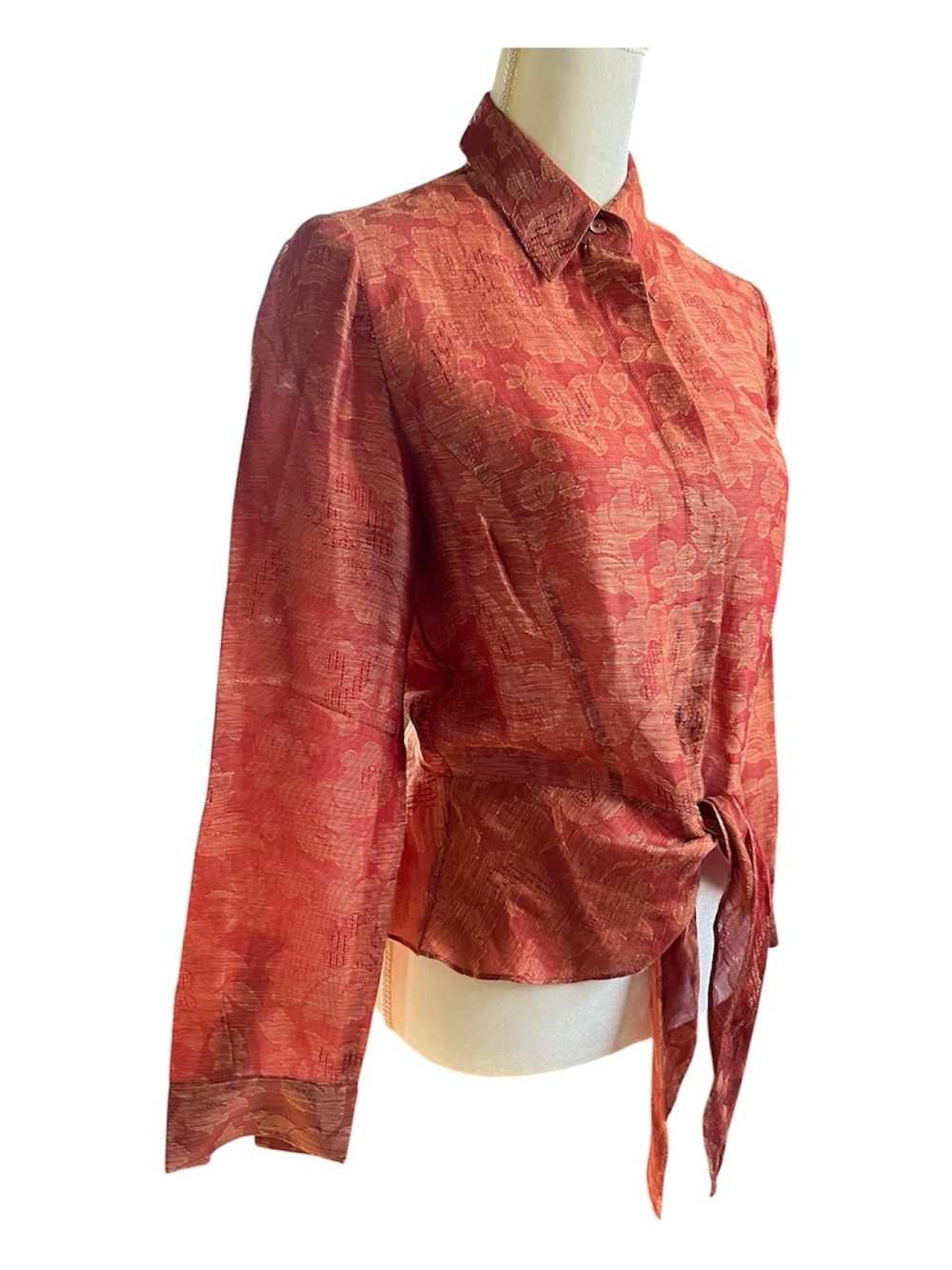 Lafayette 148 Red Silk and Linen Floral Jacquard Tie Front Blouse Size 8 - Picture 5 of 11